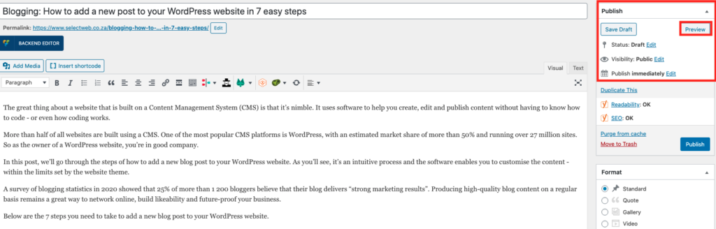 Publishing a post in WordPress